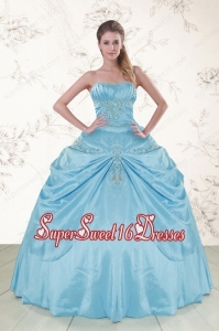 2015 Discount Aqua Blue Strapless Sweet 15 Dress with Appliques