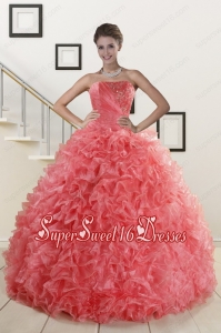 2015 New Arrival Watermelon Red Sweet 15 Dress with Ruffles