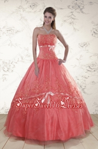 Watermelon Strapless Appliques Sweet 15 Dresses for 2015