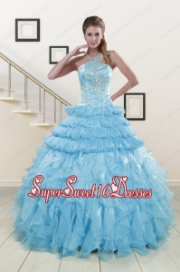 2015 Simple Baby Blue Sweet 15 Dresses with Beading