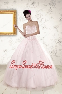 2015 Modest Baby Pink Quinceanera Dresses with Appliques