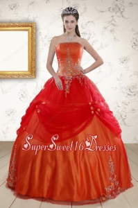 Beautiful Strapless Appliques Sweet 16 Dresses in Orange Red