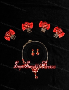 Heart In Heart Red Artistic Jewelry Set Including Necklace And Headpiece