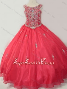 Hot Sale Puffy Scoop Little Girl Pageant Dress with Beading in Coral Red