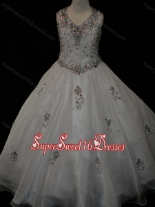 Pretty Ball Gown Beaded and Applique White Mini Quinceanera Dress in Organza