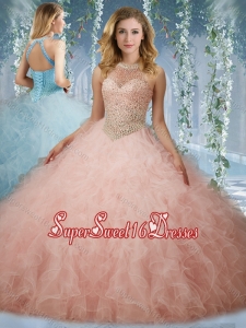 Elegant Beaded Bodice Baby Pink 15th Birthday Party Dress with Halter Top
