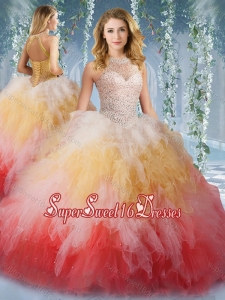 2016 Pretty Halter Top Rainbow Quinceanera Dress with Beading and Ruffles
