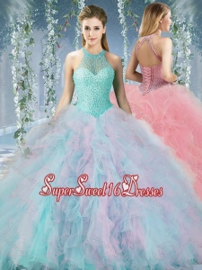 Lovely Beaded Decorated Halter Top Rainbown Cheap Sweet Sixteen Dress in Organza