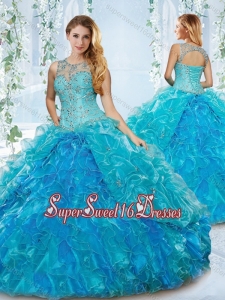 Modern See Through Blue Detachable Sweet 16 Dress with Beading and Ruffles