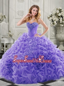 Wonderful Chapel Train Beaded and Ruffled Quinceanera Dress in Lavender