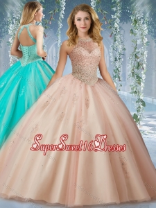 Fashionable Halter Top Champagne Simple Sweet Sixteen Dress with Appliques and Beading