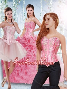 Rolling Flowers Beaded Bodice Detachable Quinceanera Skirts in Rose Pink