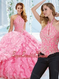 Cut Out Bust Beaded Bodice Simple Sweet Sixteen Dress with Halter Top