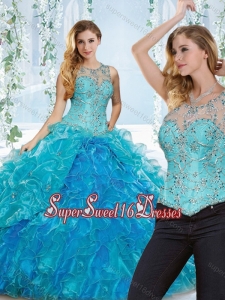 Elegant See Through Beaded and Ruffled Simple Sweet Sixteen Dress in Blue