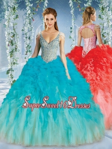 Beautiful Deep V Neck Big Puffy Quinceanera Gown with Beaded Decorated Cap Sleeves