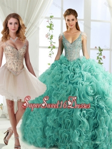 Gorgeous Rolling Flowers Deep V Neck Detachable 15th Birthday Party Dresses with Cap Sleeves