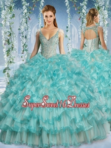 Popular Deep V Neck Big Puffy 15th Birthday Party Dress with Beaded Decorated Cap Sleeves