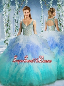 Rainbow Deep V Neck Cap Sleeves Quinceanera Dress with Beading and Ruffles