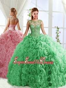 See Through Beaded Scoop Detachable Quinceanera Dresses with Rolling Flower