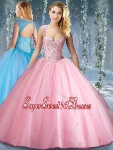 Lovely Pink Big Puffy Beaded Sweet Sixteen Dress with Brush Train