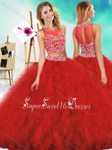 Simple See Through Two Piece Red Sweet Sixteen Dresses with Beading and Ruffles