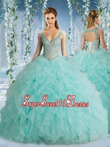 The Super Hot Beaded Decorated Cap Sleeves Sweet Sixteen Dress with Deep V Neck