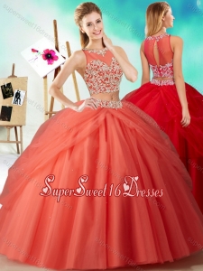 Two Piece See Through Beaded Sweet Sixteen Dresses in Orange Red