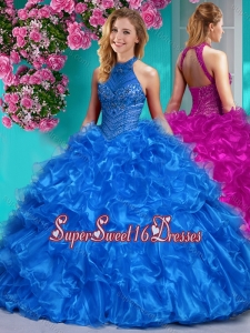 Beautiful Halter Top Beaded and Ruffled Sweet 16 Dress in Royal Blue