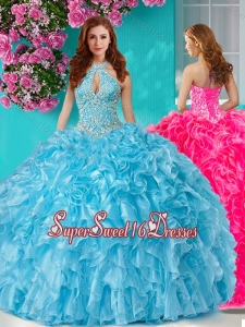 Pretty Beaded and Ruffled Big Puffy Quinceanera Gown with Halter Top