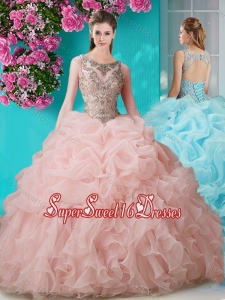 Brush Train Scoop Peach Quinceanera Dress with Beading and Ruffles