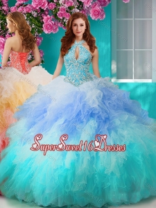 Exclusive Rainbow Halter Top Sweet 16 Dress with Beading and Ruffles