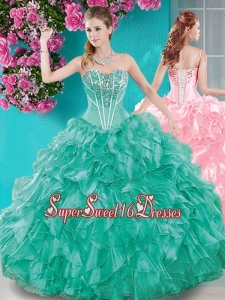 Puffy Skirt Ruffled and Beaded Quinceanera Dress in Turquoise