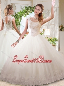 See Through Ball Gowns High Neck Lace Beaded Quinceanera Dress with Zipper Up