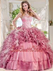 New Style Puffy Skirt Pink Sweet 16 Dress with Beading and Ruffles