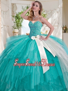 Wonderful Turquoise Big Puffy Quinceanera Dress with Beading and White Bowknot
