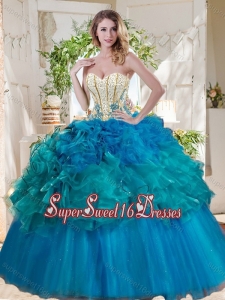 Elegant Beaded and Ruffled Really Puffy Sweet Sixteen Dress in Teal and Blue