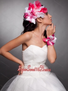 Red and White Organza Hand Made Flowers Beaded Headpieces and Wrist Corsage