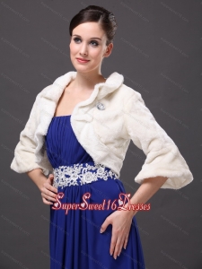 White Faux Fur Open Front Fold over Collar Prom Jacket