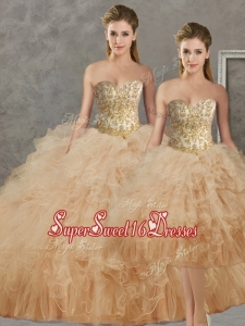 Wonderful Big Puffy Champagne Detachable Quinceanera Dresses with Beading and Ruffles