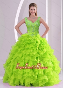 New Arrival and Detachable Beading and Ruffles Quince Dresses in Green for 2015