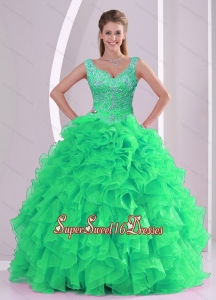 2015 Detachable Spring Green Sweet 16 Ball Gowns with Beading and Ruffles