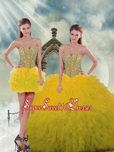 2015 Detachable Spring Yellow Sweet 16 Ball Gowns with Beading and Ruffles