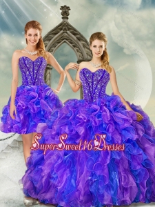Luxurious and Detachable Beading and Ruffles Sweet 16 Ball Gowns in Purple and Blue for 2015
