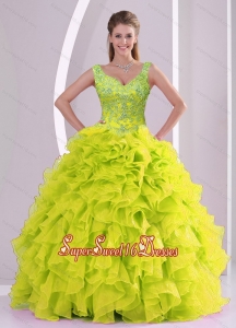 Trendy Beading and Ruffles Yellow Green Sweet 16 Ball Gowns for 2015