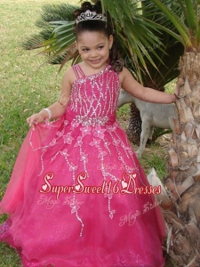 Luxurious Asymmetrica Necklinel Hot Pink Little Girl Pageant Dress with Beading and Appliques