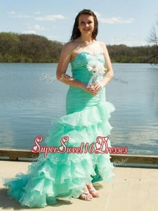 Elegant Brush Train Mermaid Prom Dress with Beading and Ruffled Layers