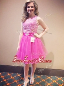 Fashionable One Shoulder Hot Pink Prom Dress with Beading