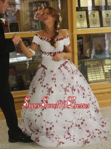 Classical Off the Shoulder White and Red Quinceanera Dress with Embroidery
