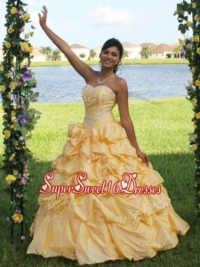 Low Price Yellow Big Puffy Quinceanera Dress with Appliques and Pick Ups