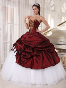 Best Burgundy and White Sweet 16 Dress Sweetheart Taffeta and Tulle Appliques Ball Gown
